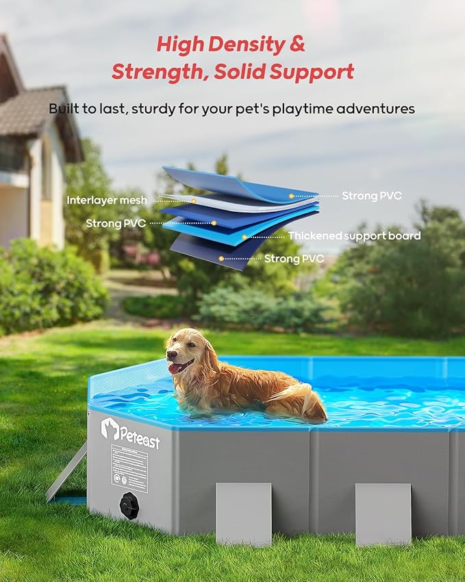 Peteast Foldable Dog Pool with Sturdy Square Design, Durable 71" Lx39 Wx12 D Extra Large Portable Pet Bathtub with Reinforced Sidewalls for Stability, Ideal for Indoor & Outdoor Use (Blue&Gray)