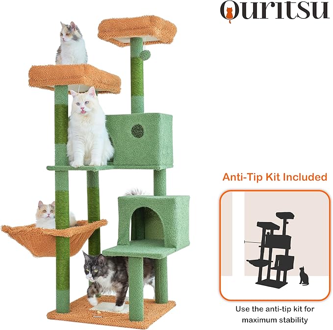 Ouritsu Cat Tree, 57 inch Cat Tower for Large Cat Indoor, 2 Top Perches with 1 Widened, 2 Condos with 1 Enlarged, Steel Frame Hammock, Scratching Posts and Scratching Pad, Green, LF003GB