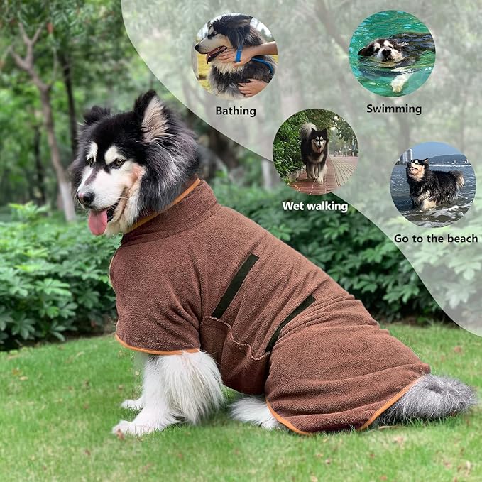 Dog Drying Coat Bathrobe Towel, Microfibre Material Fast Drying Super Absorbent Dog Bath Robe, Pet Quick Drying Moisture Absorbing with Adjustable Collar and Waist