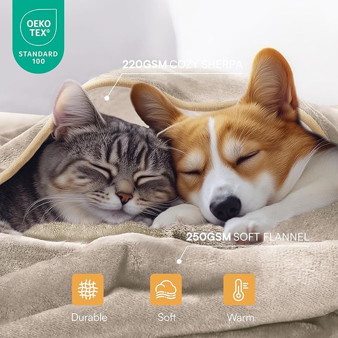 Luciphia Waterproof Pet Blanket, Liquid Pee Proof Dog Blanket for Sofa Bed Couch, Reversible Sherpa Fleece Furniture Protector Cover for Small Medium Large Dogs Cats, Khaki+Beige Medium（57" x 40"）