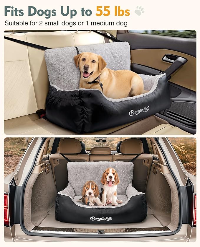 BurgeonNest Dog Car Seat for Medium/Large Dogs Under 55 lbs, Soft Pet Car Travel Home Bed, Fully Detachable and Washable Booster Carseats with Storage Pockets and Clip-On Leash Portable Carrier,Black