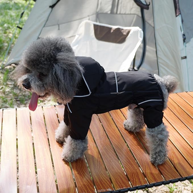 LOVELONGLONG Waterproof Dog Raincoat with Removable Hood – Outdoor Full Body Dog Jacket, Windproof Snowproof Shell Suit – All Season Pet Rain Gear Black XXL