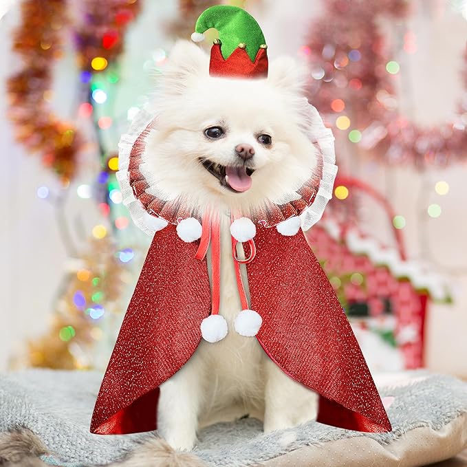 KOUPA Pet Christmas Costume with Hat, Dog Halloween Clothes Cosplay Wizard Cloak for Small Puppy Kitten Animal, Shiny Cat Outfit Suit for Party Holiday, Red