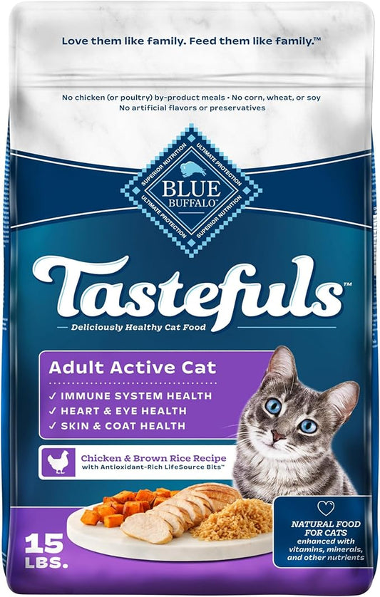 Blue Buffalo Tastefuls Natural Dry Food for Active Adult Cats, Chicken and Brown Rice Recipe, 15-lb. Bag