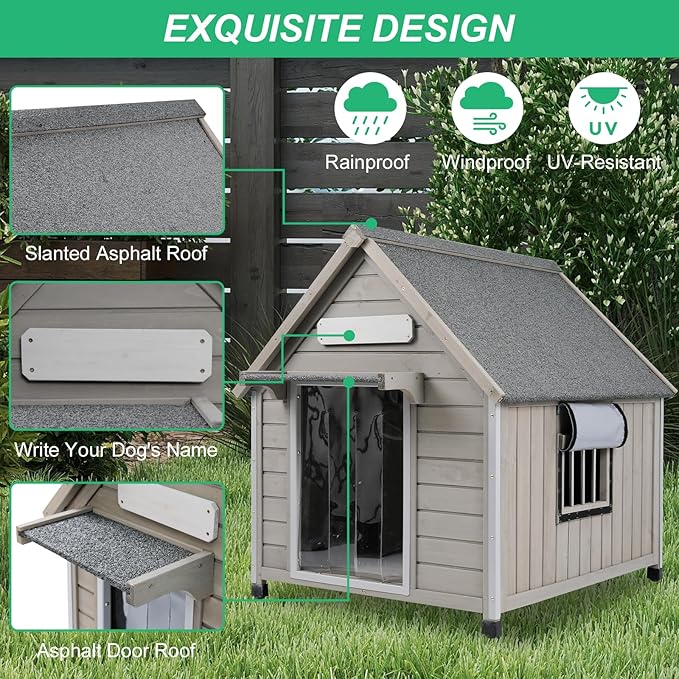 PetsCosset 30.5" L Outdoor Dog House with Waterproof Asphalt Roof for Small to Medium Dogs,Large Wooden Indoor Dog Kennel with Anti-Chewing Metal,Oxford Cloth Window,Durable Doghouse for 1-2 Dogs