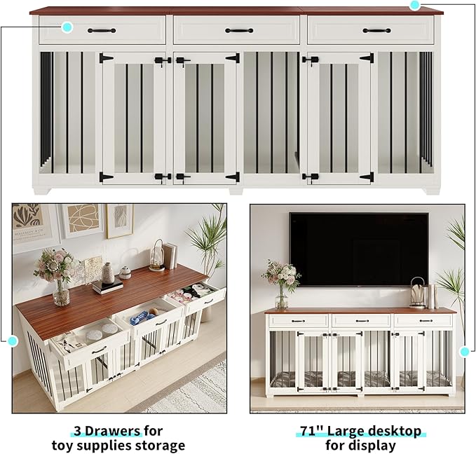 Dog Crate Furniture - Indoor Wooden Dog Kennel Furniture with 2 Dividers, 3 Drawers, and 3 Lockable Doors - 72"x23.6"x31.5"H, White