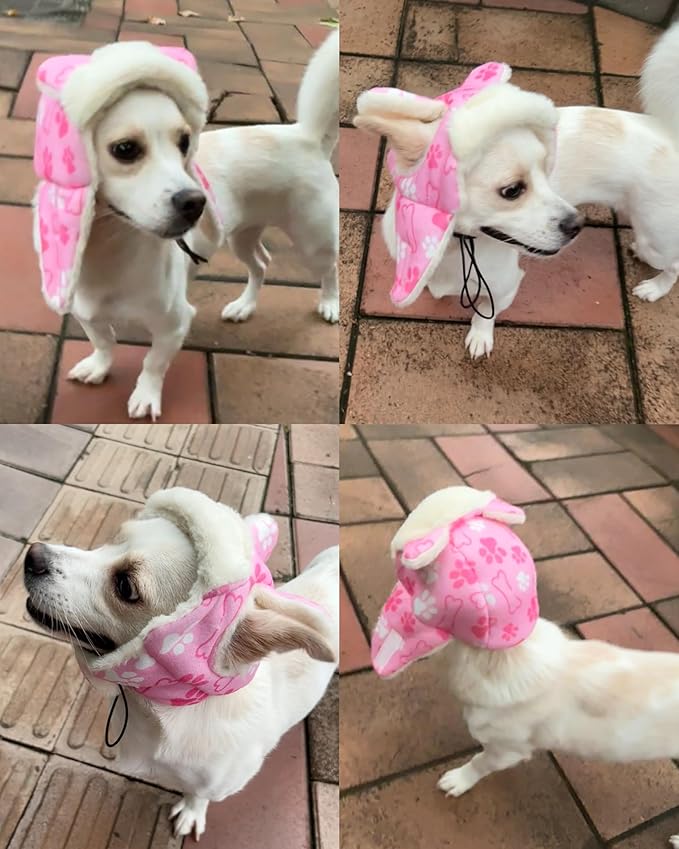 PET SHOW Dog Trapper Hat Winter Hat for Medium Large Dogs Warm Fleece Aviator Hats with Ear Flaps Adjustable Outdoor Girl Pet Pilot Costume Cap L-Pink Paw/Without Ear Holes
