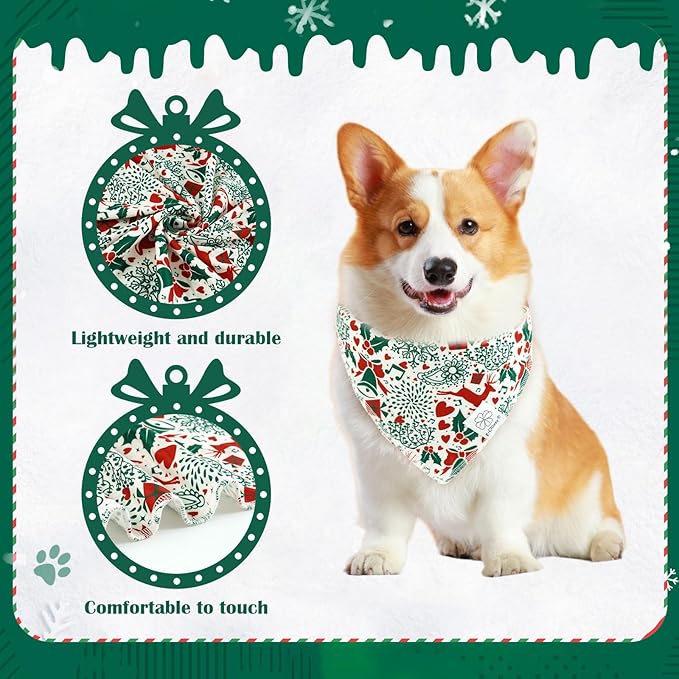 E-Clover Christmas Dog Bandanas & Matching Scrunchie Set White Green Red Dog Scarf Bibs Pet Bandana with Bow Tie for Medium Large Dogs Owner Mom Winter