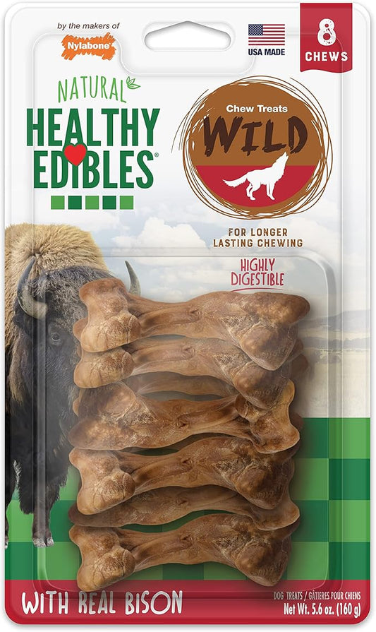 Nylabone Healthy Edibles WILD Natural Dog Chew Treats, Bison Flavor, Small Dogs Up to 20 lbs - Long Lasting Healthy Chew Bones Made in USA (8 Count)