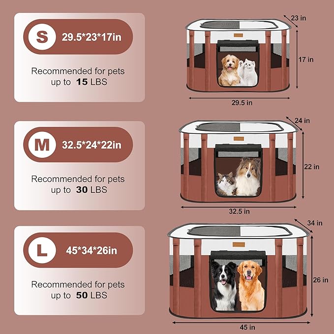 Dog Playpen - Foldable Cat Play Pens for Pubby, Kitten, Rabbit, Portable Pet Tent with Carring Bag for Indoor/Outdoor Travel Camping (Brown-Medium)