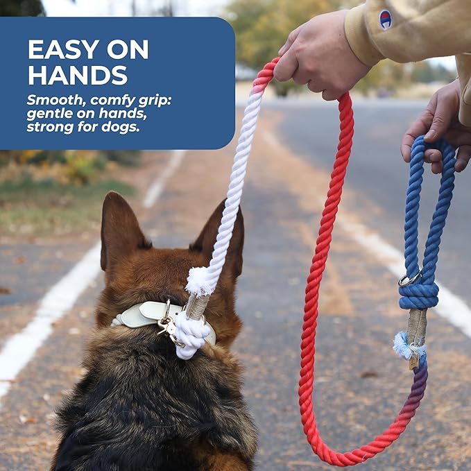 Premium Cotton Rope Leash for Medium & Large Dogs – 5 ft Handcrafted, Strong, Stylish & Durable with 360° Swivel Heavy-Duty Clip – Perfect for Everyday Walks &Training - Red White and Blue USA Leash