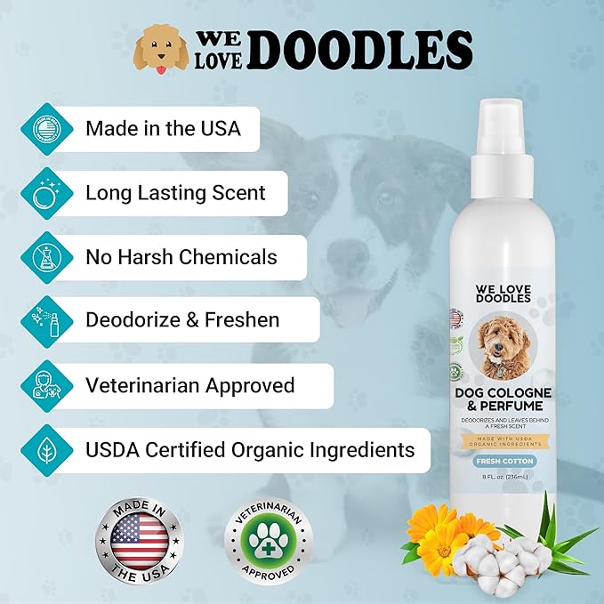We Love Doodles Dog Face Comb and Dog Cologne & Perfume Bundle - Fine Tooth Flea Comb for Dogs and Tear Stain Remover Metal Comb - Deodorizing Pawfume for Pets, Organic, Long Lasting After Bath, Made