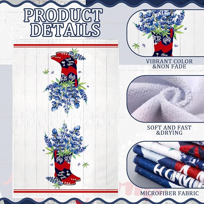 TecUnite 6 Pcs Texas Bluebonnets Kitchen Towels Texas Souvenirs Dishcloth 24 x 16 Inches Gifts Sweet Hand Towels White Blue Red Print Decorative Tea Dish Cloth for Home Decoration