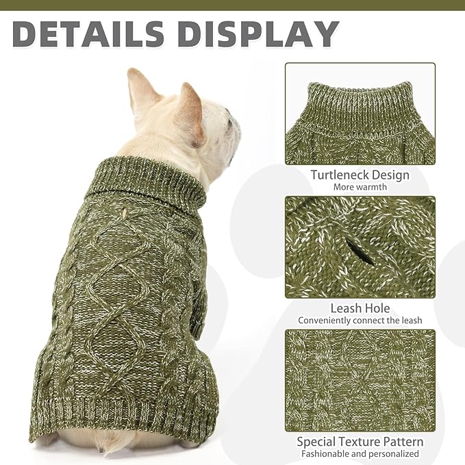 KOOLTAIL Thermal Knitted Dog Sweater for Small Medium Large Dogs, Turtleneck Cable Knit Doggy Winter Coat Warm Clothes Sweatshirt Outfits for Cold Weather, Pullover Pet Jumper for Puppy Cats Green SM