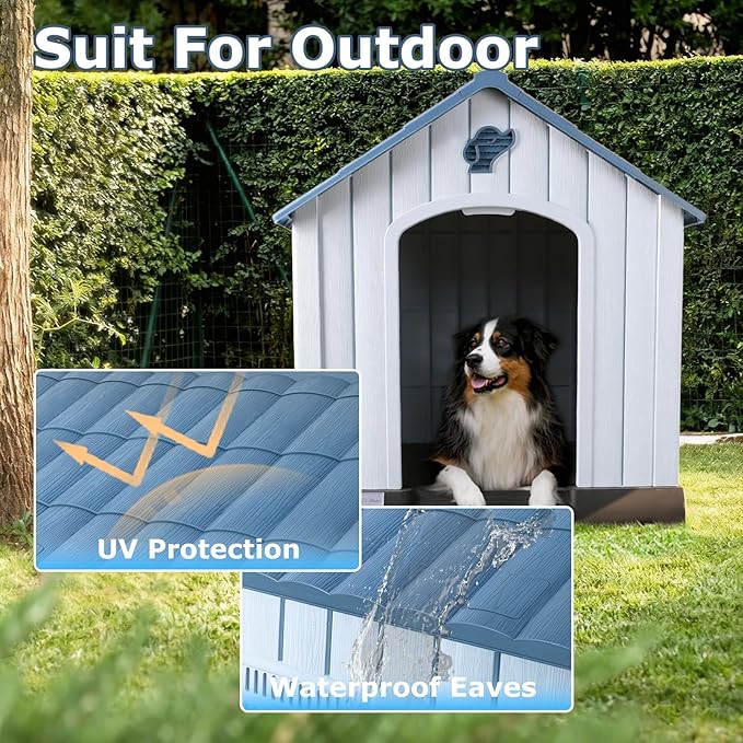 LEMBERI Large Plastic Dog House for Medium Large Dogs, Durable Waterproof Indoor Outdoor Doghouse with Air Vents and Elevated Floor, Easy to Assemble (Blue, 33.5" L x 31.5" W x 33.9" H)