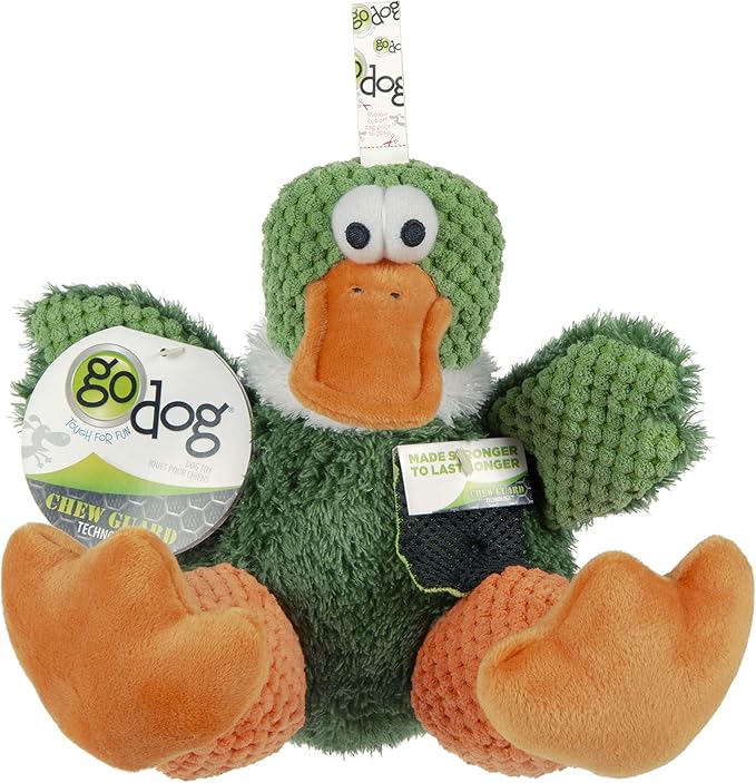 goDog Checkers Sitting Duck Squeaky Plush Dog Toy, Chew Guard Technology - Green, Large