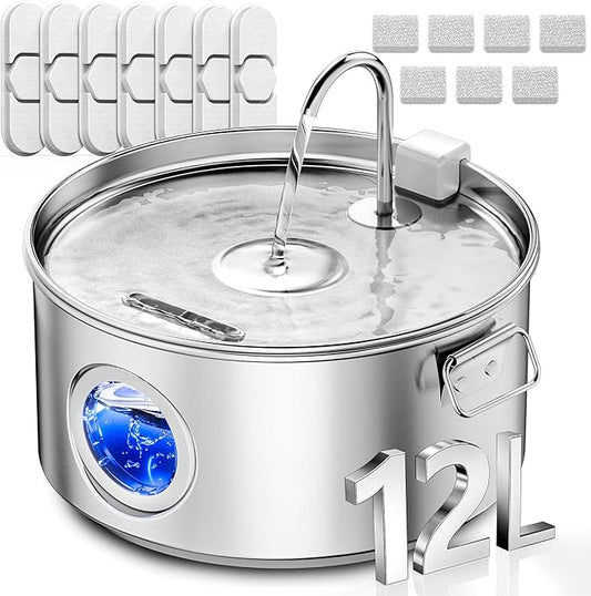 Dog Water Fountain for Large Dogs, 3.2Gal/406oz/12L Stainless Steel Dog Water Fountain, Quiet Dog Water Bowl Dispenser with Visible Window for Multi-pet Home, Includes 7 Filters Set
