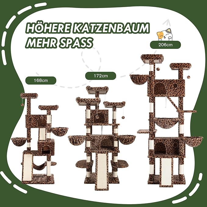 MUTICOR 81 inches Multi-Level Tall Cat Tree Tower for Indoor Kitties/Large Climbing Tree House for Big Feline/Condo/Sisal Scratching Posts/Plush Perches Platforms/Basket Hammock/Leopard Print