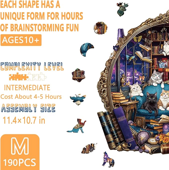 Wooden Puzzles for Adults, Cat Library Adventure Wooden Jigsaw Puzzle for Adults, Wood Puzzles Adult, Unique Shape, Presents for Friends, Wall Art Home Decor (M-11.4 * 10.7in - 190 pcs)