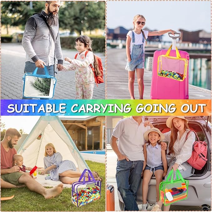 6 Color Large Toy Storage Bags with Labels, Reusable Clear PVC Board Game Storage, Travel Waterproof Organizer Bags with Zipper for Building Blocks, Puzzle, Kids Books