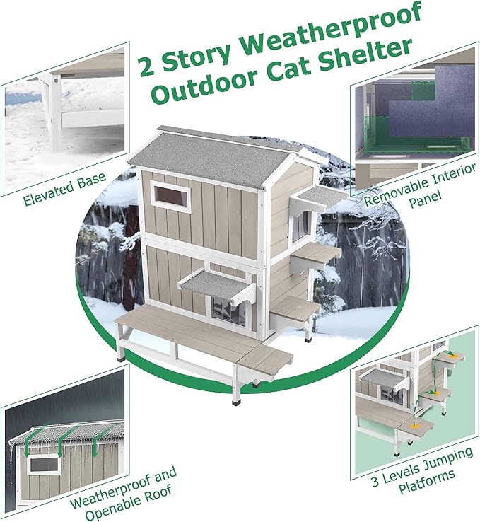 PetsCosset Outdoor Cat House Insulated Cat Houses Weatherproof Cat Shelter for 2-3 Cats with Escape Doors,Balcony,Openable Roof & Elevated Base 2 Story Wooden Warm Winter Home for Feral & Pet Cats