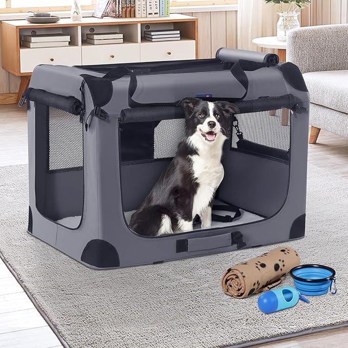 Petprsco Portable Dog Crate - 32"x23"x23" Collapsible Dog Travel Crate for Medium/Large Dogs with Soft Blanket, Foldable Bowl & Poop Bag Dispenser - Indoor & Outdoor Use