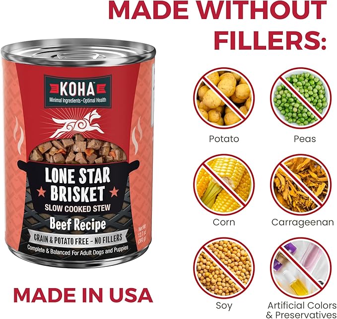 KOHA Lone Star Brisket Stew for Dogs with Beef, High Protein Wet Dog Food, 12.7oz Cans (Case of 12)