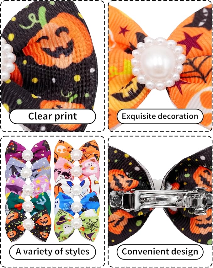 PET SHOW 10 Pack 2" Halloween Small Dogs Hair Bows with French Clips Rhinestone Yorkie Barrette Clip Bowknot for Medium Dogs Puppy Pet Ghost Pumpkin Topknot Cat Grooming Hair Accessories
