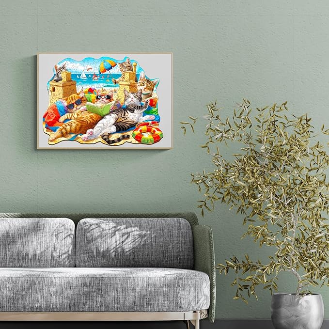 KAAYEE Wooden Puzzles for Adults, Beach Cat 270 Piece Unique Animal Shape Puzzle, Cat Wood Puzzle for Adults, Creative Gifts for Friends/Family, Home Decor(13.4 * 9.8in)