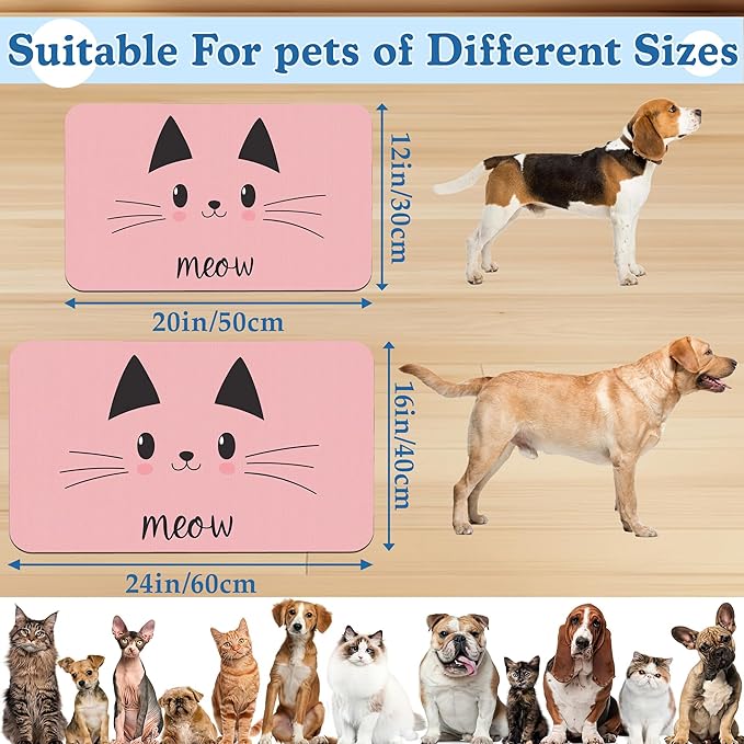 Pink Cat Dog Food Mat–Absorbent Quick Dry Feeding Placemat for Food and Water Bowls, Non Slip Rubber Backing, Waterproof Pet Supplies for Mess-Free Eating 12"x20"