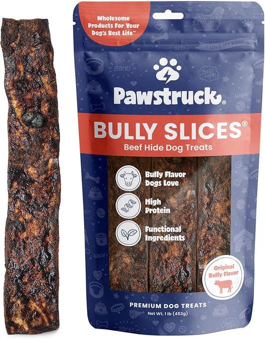 Pawstruck Bully Slices Premium Rawhide Chew Sticks, Beef Flavor - Low Fat, High Protein Treat for Small, Medium, and Large Dogs - No Artificial Ingredients - 1 lb Bag - Packaging May Vary