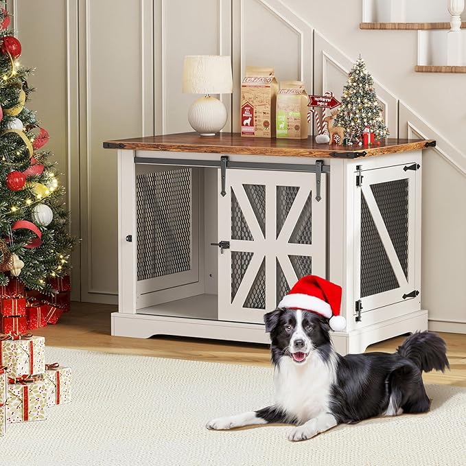 VOPEAK 43.3" XL Dog Crate Furniture, Chew Resistant Dog Crate for Medium Large Dogs, Heavy Duty Extra Large Dog Crate Dog Kennel Indoor with Double Doors, Wooden End Table for Living Room, White