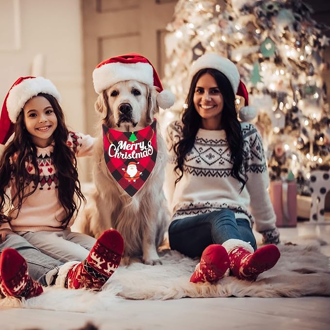 ADOGGYGO 2 Pack Dog Bandana Christmas Classic Plaid Pet Scarf Triangle Bibs Kerchief Merry Christmas Red Santa Snowman Bandana for Large X-Large Dogs Pets (X-Large)