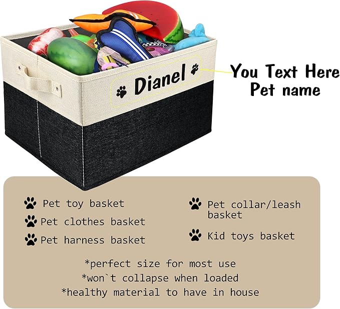 PET ARTIST Personalized Dog Toy Bin for Dog Toys Accessories - Foldable Dog Toy Basket Storage Box for Pet Toys,Dog Coat, Upgrade Black, M:15''(38cm)*11''(28cm)*9''(23cm)