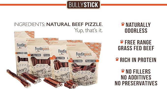FOODIEPAWS 6 Inch Thin Bully Sticks for Dogs, 25 Pack Bulk | All Natural, Grass-Fed Beef | High Protein, Rawhide-Free & Fully Digestible Dog Chews | Long Lasting Dental Treats for Puppies & Small Dogs