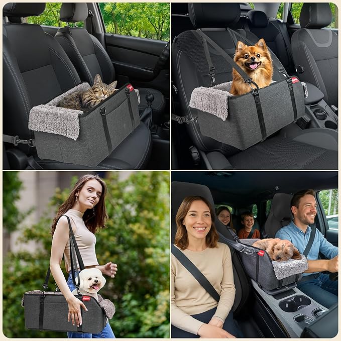 BurgeonNest Center Console Small Dog Car Seat - Portable Pet Cat Puppy Booster Armrest Carseat Up to 11lbs, Anti-Collapse Comfort Car Travel with Washable Fluffy Cushion and Pillow, Grey