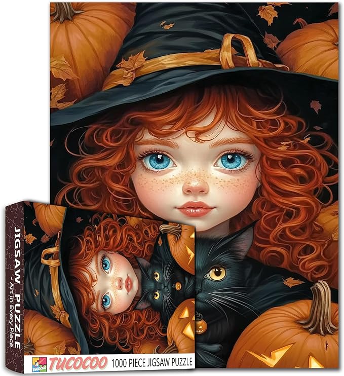 Brown Curly-Haired Doll Holding Black Cat Jigsaw Puzzle Halloween Pumpkin Girl Jigsaw Puzzles for Challenging Family Activity Games DIY Puzzle for Home Wall Decor Gifts 20 x 27 Inch