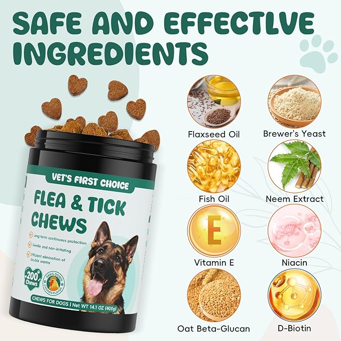 Flea and Tick Prevention for Dogs Chewable, Natural Flea and Tick Treatment Chews, 200 Soft Oral Dog Flea Supplement for Puppy & All Breeds
