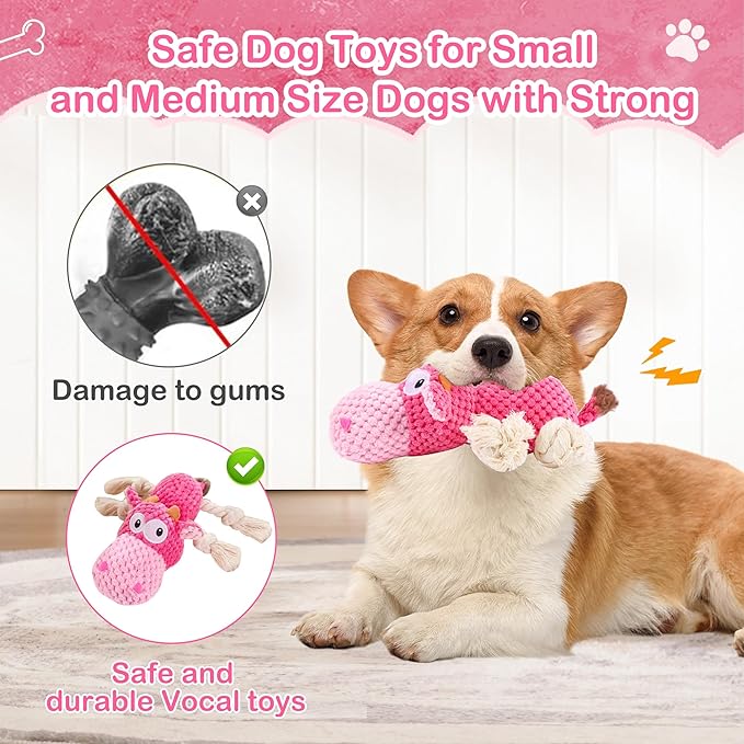 Dog Squeak Toys, Chew Rope for Small & Medium Breeds, Puppy Teething Interactive Plush Toy to Keep Them Busy, Best Birthday, Christmas, Halloween, Easter Gift, Hippo