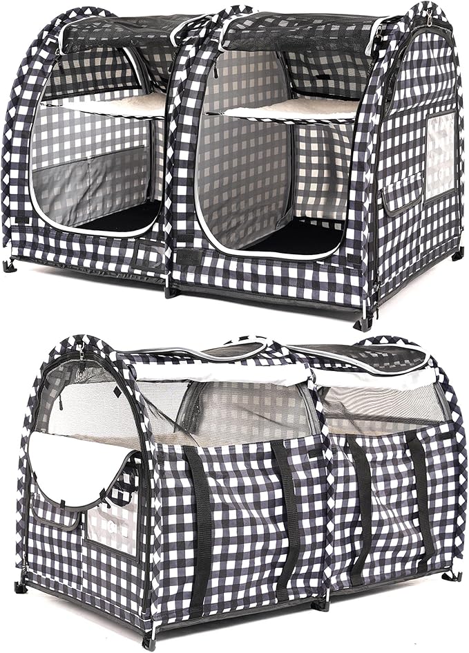 Mispace Portable Twin Compartment Show House Cat Cage/Condo - Easy to Fold & Carry Kennel - Comfy Puppy Home & Dog Travel Crate with Carry Bag/Two Hammocks/Mats and Collapsible Litter Box