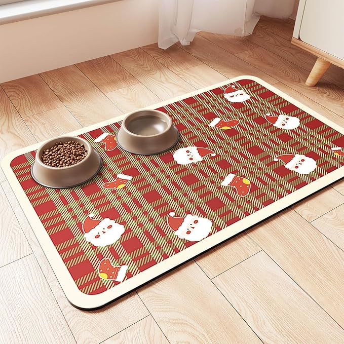 Pet Feeding Mat-Absorbent Pet Placemat for Food and Water Bowl, with Waterproof Rubber Backing, Quick Dry Water Dispenser Mat for Dog and Cat (24"x16", Christmas)