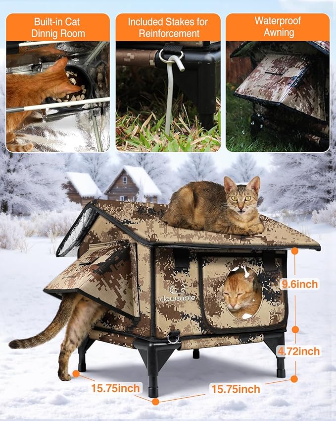 Indestructible Gable Roof Heated Cat House for Outside Winter, 100% Waterproof, Safe Escape Door, Insulated Outdoor Cat Shelter with Heater for Feral Barn Cat Kitty (Desert Camouflage, 15.5"x15"x19")