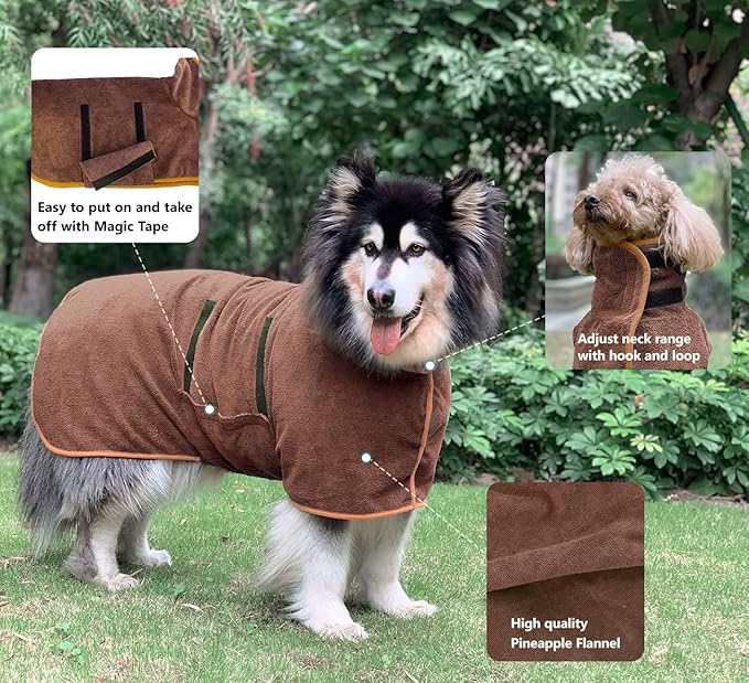 Dog Drying Coat Bathrobe Towel, Microfibre Material Fast Drying Super Absorbent Dog Bath Robe, Pet Quick Drying Moisture Absorbing with Adjustable Collar and Waist