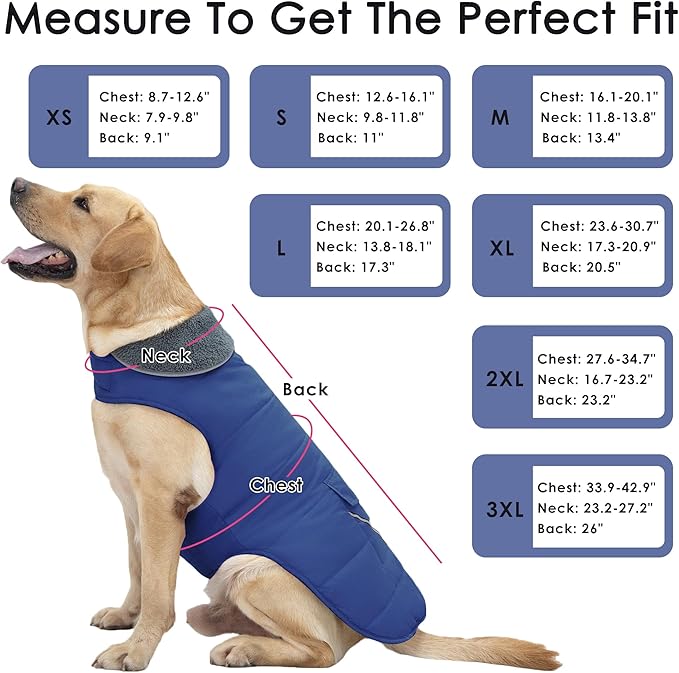 Dog Coat, Waterproof Dog Winter Jacket with Pocket, Reflective Adjustable Pet Snow Vest, Warm Cozy Fleece Sweater for Small Medium Extra Large Dogs - Blue, 3XL
