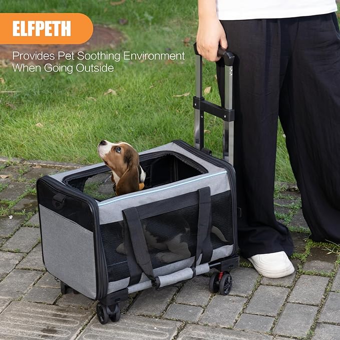 Pet Carrier with Wheels - Soft-Side Wheeled Cat Carrier for Dogs with Telescopic Handle, Collapsible Rolling Pet Travel Bag Carrier for Large Cats Small Medium Dogs for Camping Vet Visiting Grey
