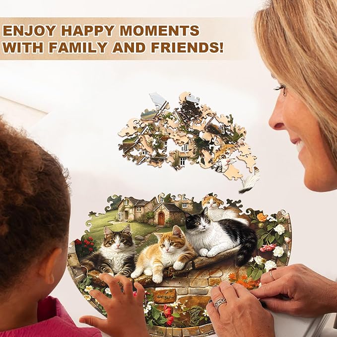 KAAYEE Wooden Puzzles for Adults, Kitten Manor Puzzles, 200 Piece Unique Animal Shape Puzzle, Cat Wood Puzzle for Adults, Creative Gifts for Cat Lover/Friends/Family, Home Decor(11.4 * 11.4in)