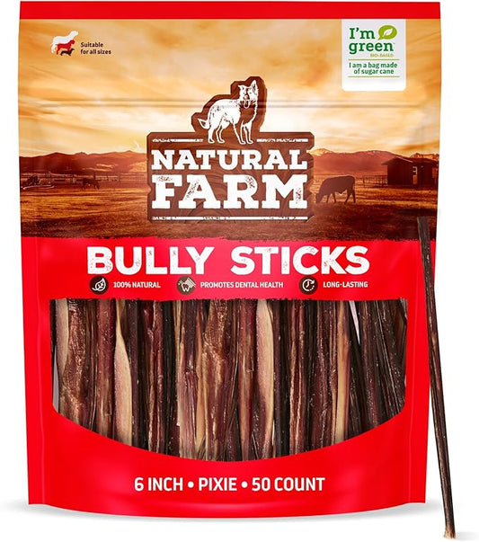 Natural Farm Bully Sticks (6 Inch, 50 Pack), Thin Pixie Pizzle Beef Treats, Grain-Free, High Protein, Best Rawhide Alternative for Small, Puppies or Senior Dogs