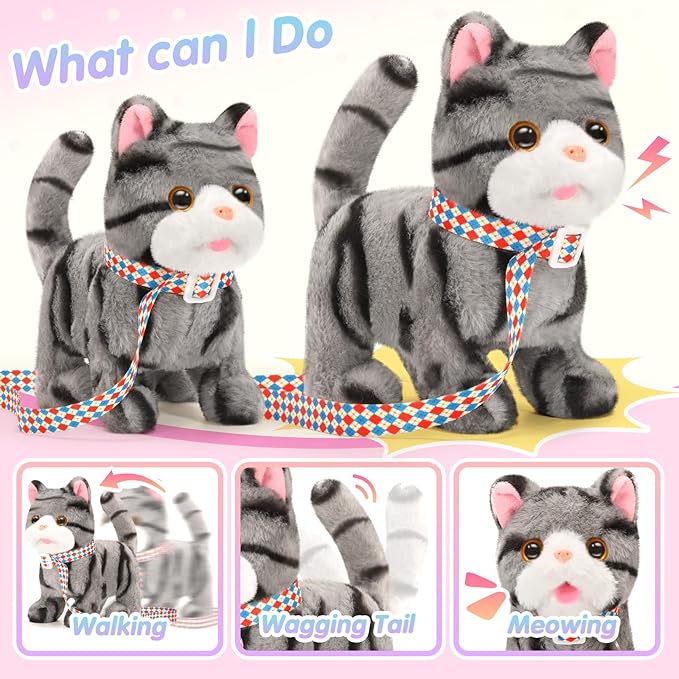 Plush Cat Toys for Kids with Leash, Interactive Plush Kitty Can Walk,Meow, and Wag Tail, Realistic Toys Pet Christmas Birthday Gifts for Boys and Girls