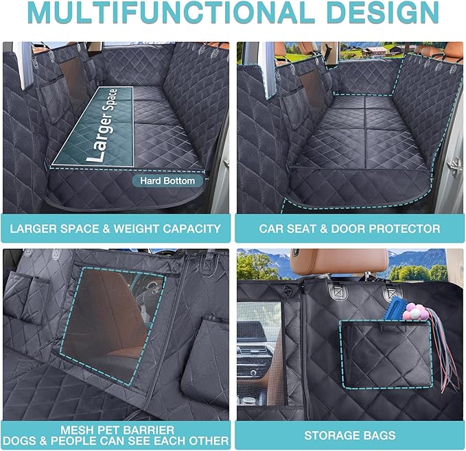 Back Seat Extender for Dogs + 2 Dog Seat Belts, Waterproof Heavy Duty Hard Bottom Car Seat Cover for Dogs with Door Protector Cover & Mesh Window | Dog Hammock for Car Pet Seat Protector for Car/SUV