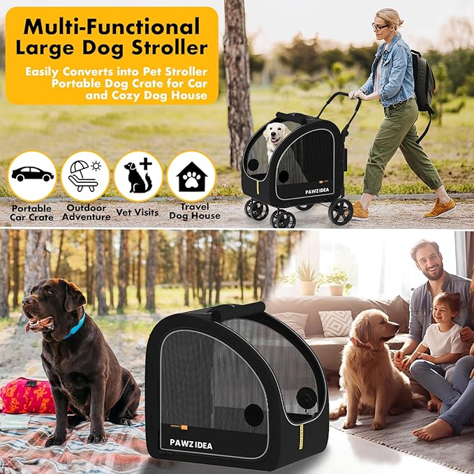 PAWZIDEA Large Dog Stroller with Detachable Carrier, Portable Dog Crate for Car Travel, Multiple Pet Strollers for Medium Dogs up to 80lbs, Adjustable Handle, All-Terrain 9” Wheels, Storage Organizer
